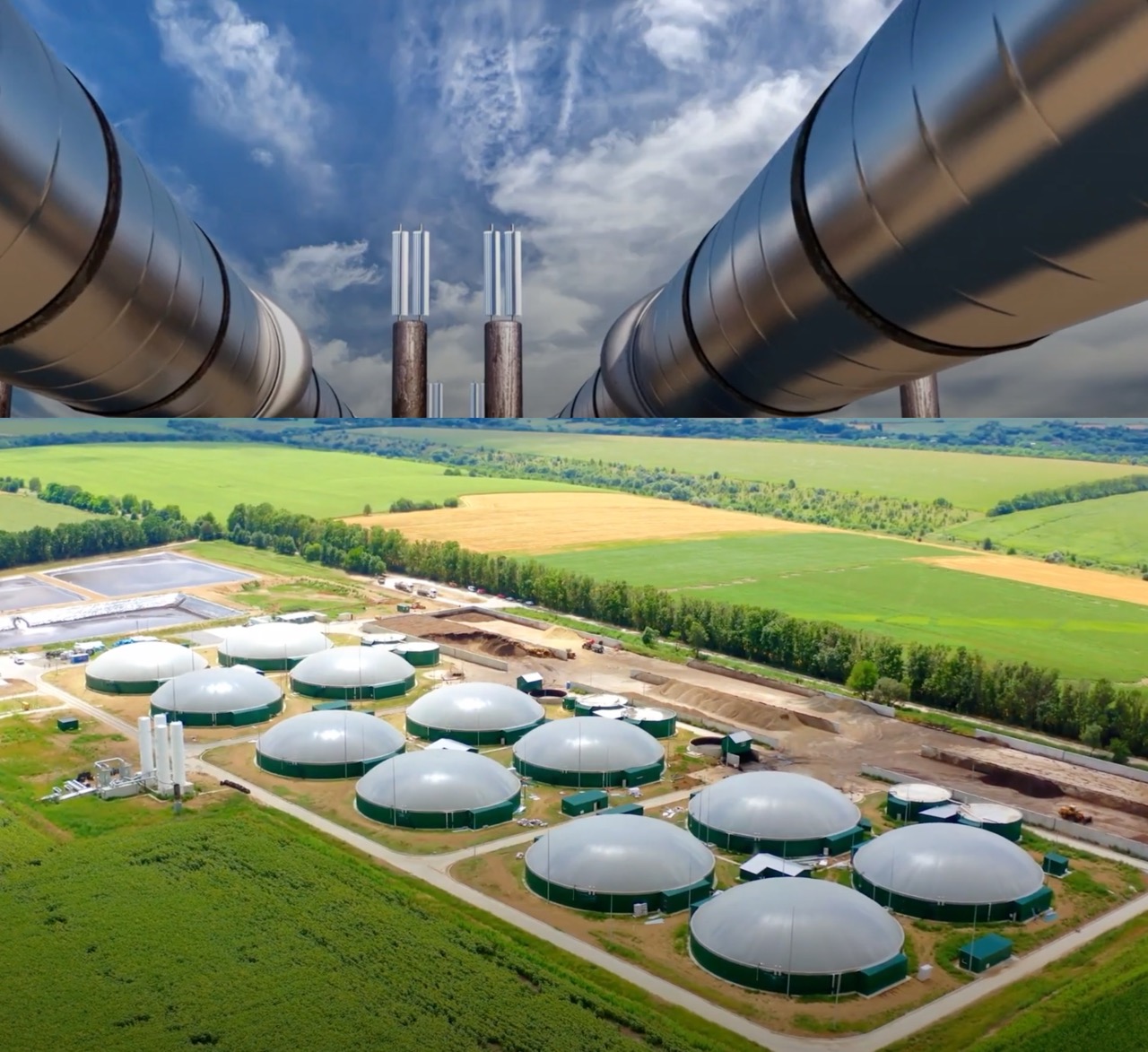 Aerial view of the Ora Biogas renewable energy facility in Basilicata, Italy, featuring multiple anaerobic digestion tanks and connecting pipelines used for biomethane production.